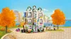 A LEGO Friends art school building is shown in an outdoor setting with autumn trees and a river in the background. Two mini-doll figures are painting at an easel, and another is standing near a bicycle. Podgląd zdjęcia produktu