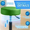 A promotional image highlighting the features of a green adjustable stool. The image shows the stool's seat and adjustable gas lift mechanism with text overlays explaining its functions. Náhľad obrázku produktu