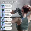 A woman is using a massage gun on her neck and shoulder, with diagrams of different massage heads and their uses displayed on the left side of the image. Produktbild-Vorschau