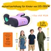 A booster car seat is shown with three children standing next to it, illustrating size and age appropriateness. Text overlays provide product details and certifications. Produktbild-Vorschau