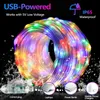 A coiled string of colorful LED lights with water splashes around the USB connector and icons indicating power sources. Produktbild-Vorschau