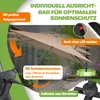 A patio umbrella is shown with various features highlighted by text overlays and arrows. Produktbild-Vorschau