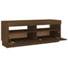 A brown wooden TV stand with two open compartments at the bottom. Náhled obrázku produktu
