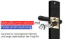 Close-up view of a door handle mechanism with text overlays highlighting features. Produktbild-Vorschau