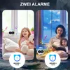 A split image showing two scenes: a child with a teddy bear by a window, and a mother reading to a child by a window. Both scenes feature a small white alarm clock with a digital display and musical notes floating around. Circular graphics with alarm clock Produktbild-Vorschau
