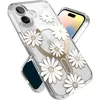 A clear phone case with a daisy design and a gold ring for MagSafe charging is shown on a white background. Podgląd zdjęcia produktu