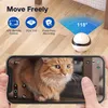 A smartphone is being used to view a live feed of a cat, with a small robot camera visible in the background. The image highlights the camera's features. Náhled obrázku produktu