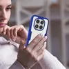 A woman is holding a smartphone with a blue and white case, looking at the screen. Produktbild-Vorschau