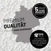 A graphic overlay on a background of white beads, featuring text and logos related to product quality and origin. Produktbild-Vorschau