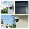 Collage of a Reolink TrackMix PoE 4K security camera mounted on a wall, a garage door at night, and under an eave. Produktbild-Vorschau