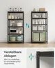 Two SONGMICS shelving units are shown side-by-side, with one unit displaying kitchen appliances and storage baskets, and the other displaying books and storage boxes. A close-up of a shelf adjustment mechanism is also shown. Produktbild-Vorschau