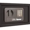 A close-up view of a black safe with a digital keypad and a manual dial. Produktbild-Vorschau