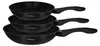 A stack of three black frying pans with speckled interiors and black handles, presented against a white background. Podgląd zdjęcia produktu
