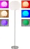 A floor lamp with a white feather shade is shown in the center, surrounded by smaller images of the lamp illuminated in different colors. Produktbild-Vorschau