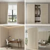 Collage of four images showing a beige room divider curtain in different settings: by a window, in a closet, in a home office, and as a curved room divider. Produktbild-Vorschau