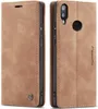 A brown leather-look flip case for a smartphone is shown from two angles, open and closed. Produktbild-Vorschau