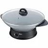 A black electric wok with a glass lid sits on a white background. Produktbild-Vorschau