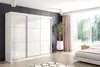 A modern bedroom with a large white wardrobe, a bed, and a large window with pink curtains. Produktbild-Vorschau