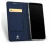 A blue flip case for a smartphone is shown open, with a gold card inserted into a slot. Produktbild-Vorschau