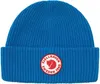 A blue knitted beanie with a circular red and white logo on the front. Produktbild-Vorschau