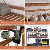 A collage of four images showcasing a bamboo garment rack. The images highlight storage, the garment bar's strength, a measurement of the rack's thickness, and its hanging design with water jugs for weight. Each image has descriptive German text. Produktbild-Vorschau