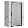 A shower door with a black frame and clear glass, set against a marble-patterned wall. Náhľad obrázku produktu