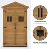 A wooden garden shed with two doors, two windows, and close-up views of the handles and latch. Produktbild-Vorschau