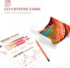 A marketing image showing a printed image of parrot feathers, a pencil, and charts, suggesting vibrant printing. Produktbild-Vorschau