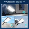 Collage showing a solar street lamp in different weather conditions: rain with lightning, bright sun, and snow. Produktbild-Vorschau