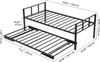 A black metal twin-size daybed with a pull-out trundle bed underneath, shown with dimensions indicated by measurement lines and text. Voir les images du produit