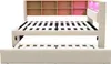 A beige upholstered bed frame with a built-in bookshelf headboard, shown with a pull-out trundle bed underneath. Náhled obrázku produktu