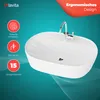 A white oval sink with a chrome faucet is shown against a teal background with abstract wave patterns and marketing icons. Produktbild-Vorschau