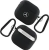 Two black AirPods cases with carabiner clips attached, one open and one closed, against a white background. Voir les images du produit
