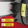 Close-up of a chainsaw's cutting bar and engine housing, with marketing labels highlighting features. Produktbild-Vorschau