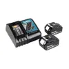 A Makita battery charger and two batteries are displayed on a white background. Produktbild-Vorschau