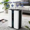 A white and black dehumidifier is shown in a living room setting, with text overlays highlighting its features. Náhled obrázku produktu