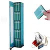 A collage of images showing a blue advent calendar shaped like a bookshelf filled with mini books, a hand holding a small blue gift box, and a few open mini books with gold strings. Náhled obrázku produktu