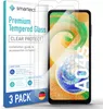 A product package for tempered glass screen protectors for a smartphone, with a phone displaying a colorful abstract image shown next to it. Produktbild-Vorschau