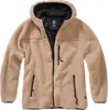 A beige teddy fleece jacket with a black hood lining and black zippers is shown against a white background. Produktbild-Vorschau