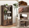 A collage of images showing a brown wooden bookshelf with decorative items and books, along with close-up shots highlighting its features. Podgląd zdjęcia produktu