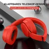 A pair of red headphones is shown folded on a reflective black surface with a gray background. Text overlays describe the product's features. Produktbild-Vorschau