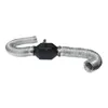 A black and silver ventilation fan with flexible silver hoses attached to both ends, shown against a white background. Voir les images du produit