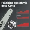 A close-up of a chainsaw bar and chain, with graphs illustrating its durability, corrosion resistance, and rust resistance. Produktbild-Vorschau