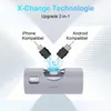 A marketing image showing a portable charger with two different connector types, illustrating its compatibility with iPhones and Android devices. Produktbild-Vorschau