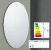 A white oval ceiling light is shown mounted on a wall, with an energy efficiency label and product information displayed to the right. Produktbild-Vorschau