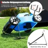 A blue lawn tractor is tilted on a black metal stand on a grassy lawn, with diagrams showing its adjustable features. Podgląd zdjęcia produktu
