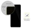 A smartphone screen protector is shown with a close-up view of its edge coverage and a checkmark icon indicating a perfect fit. Produktbild-Vorschau