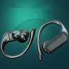 Two black wireless earbuds with ear hooks are displayed against a gradient teal background. Produktbild-Vorschau