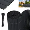 A collage of images showing a rolled-up black PVC privacy screen, a bundle of black cable ties, and a house with a black fence in the background.