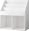 A white bookshelf with three slanted shelves at the top and two cubbies at the bottom. Podgląd zdjęcia produktu